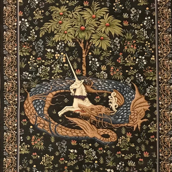 Medieval Tapestry Wall Hanging Unicorn In Captivity Captured Surrounded by Snake Serpent Dragon Ouroboros Mille Fleurs 42"x28" / 105x70cm