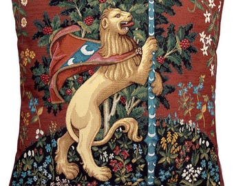 Heraldic Lion William Morris Medieval Heraldique Tapestry Cushion Pillow Case Sham Cover Cushion Rich Floral Botanical Design in Red 18"x18"