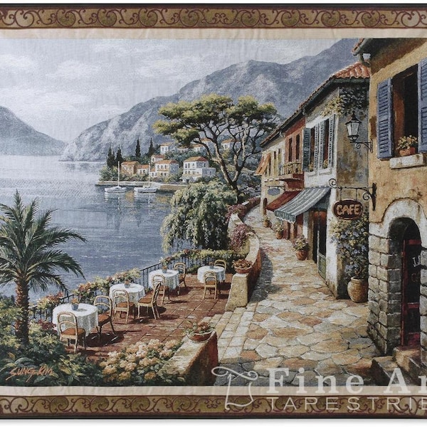 Overlook Cafe II Sea Scene Ocean View European Landscape Wall Tapestry 53"x44"