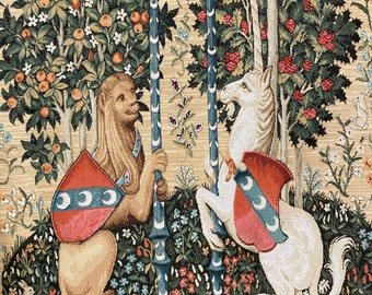 William Morris Art Medieval Heraldic Unicorn & Lion Tapestry Pillow NOT PRINTED Case Sham Cover Cushion Rich Floral Orange Tree Beige 18x18"