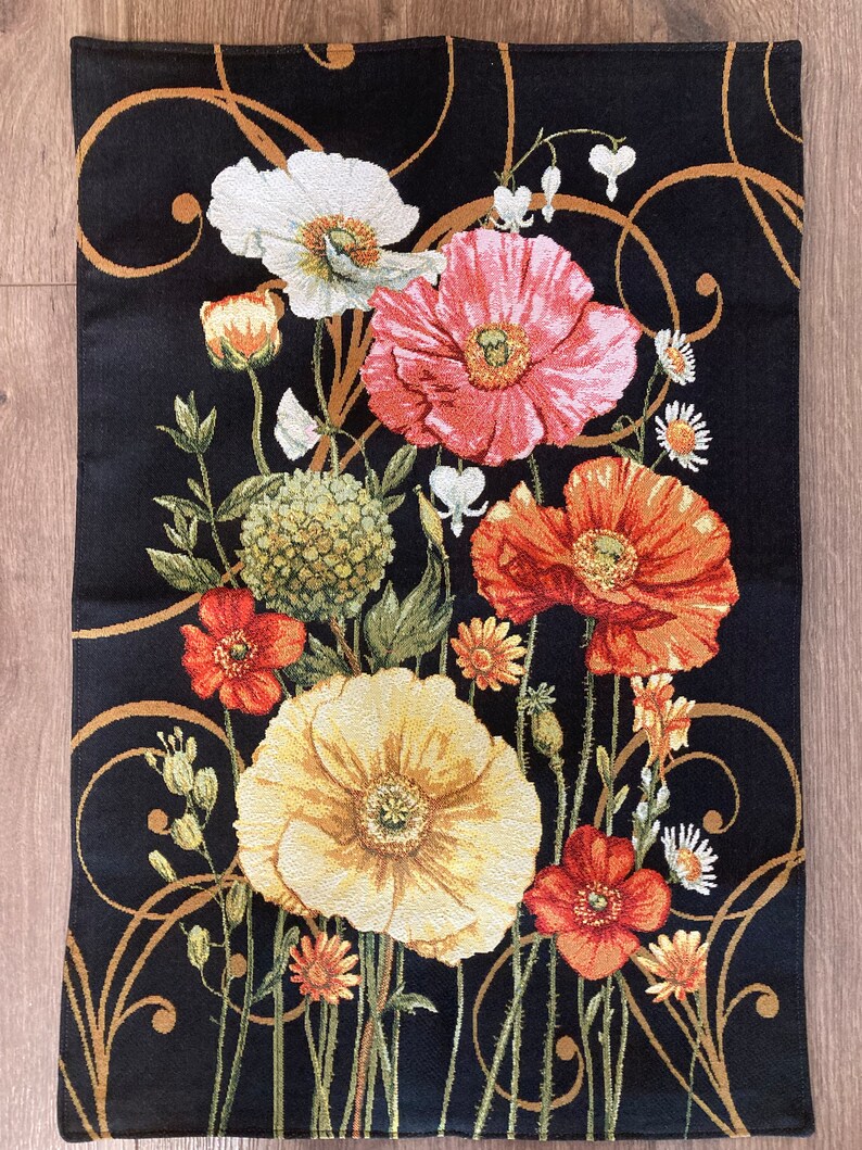 Floral Tapestry Wall Hanging Poppies Flowers on Black Dark Still Life