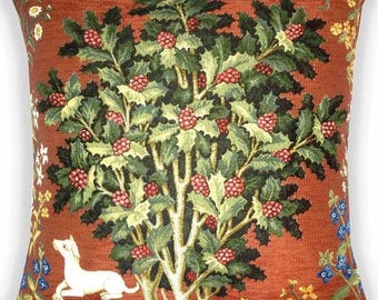William Morris middeleeuwse levensboom bloemen hond tapijt kussensloop rode kussenhoes Victoriaanse kunst rijke bloemen botanisch ontwerp 18 "x 18"