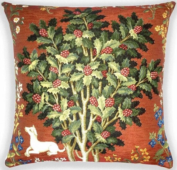 William Morris Medieval Tree of Life Flowers Dog Tapestry Pillow Case Red Cushion Cover Victorian Art Rich Floral Botanical Design 18"x18"