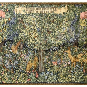 William Morris Verdure Tapestry Wall Hanging Forest Creatures Animals Magic Wood Greenery Hares Fox Deer Partridge Night 62"x27" / 155x67cm