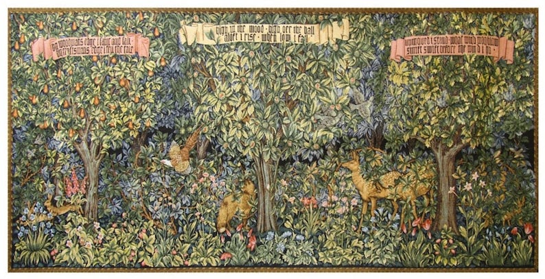 May include: A tapestry depicting a lush forest scene with a variety of trees, flowers, and animals. The tapestry features a quote from the poem "The Blessed Damozel" by Dante Gabriel Rossetti: "I saw her on a summer's day."