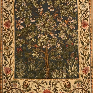 Tree of Life William Morris Olivia Grey-Blue Background Blossoming Apple Tree Mille Fleur Large Tapestry Wall Hanging 42&quot; x 58&quot; / 105x145cm