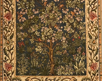 May include: A tapestry featuring a stylized tree with green leaves and pink flowers, surrounded by a border of floral designs in shades of green, brown, and cream.
