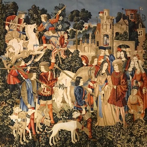 Unicorn is Captured Medieval Hunt Tapestry Wall Hanging Victorian Decor Chasse a Licorne Metropolitan Museum Art Castle Dogs Hunters 58&quot;x58&quot;