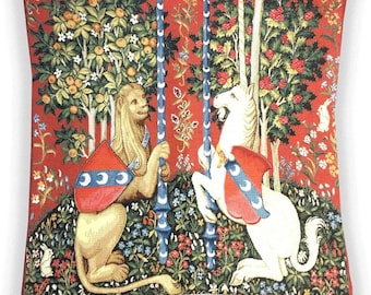 William Morris Medieval Heraldic Unicorn & Lion Licorne Tapestry Pillow Case Sham Cover Cushion Red Decorative Textile Victorian Art 18"x18"