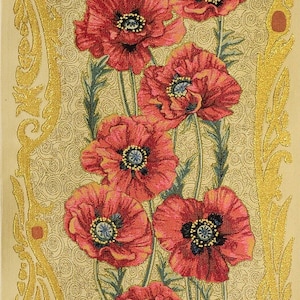 Contemporary Botanical Wall Art Poppy Textile Wallhanging Flower Floral Composition Ornamental Tapestry Wall Hanging Golden Poppies 49&quot;x20&quot;