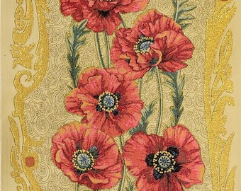 Contemporary Botanical Wall Art Poppy Textile Wallhanging Flower Floral Composition Ornamental Tapestry Wall Hanging Golden Poppies 49"x20"
