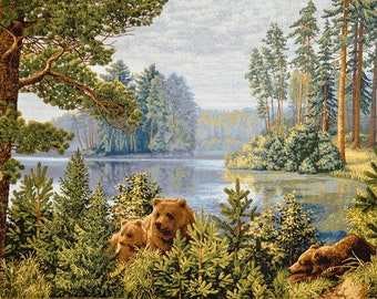 NOT PRINTED Art Tapestry Wall Hanging Bear Tapestry Bears In Pine Woods Forest Lake Landscape Scenery Wildlife Wood Scene Animals 42" x 28"