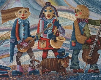 Abstrakter Wandteppich NICHT GEDRUCKT Wandbehang Zeitgenössisches Dekor Musik Lustig Fröhlich Orchester Abstrakte Szene Musiker Pop Art 28 "x 42"