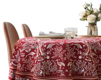 Medieval Mille Fleurs Birds & Trees Plants Botanical William Morris European Jacquard Woven Tapestry Circle Round Tablecloth Red d66"/165cm