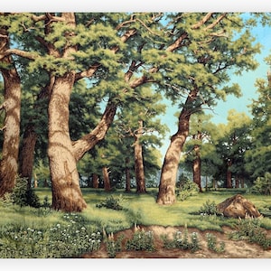 May include: A tapestry depicting a lush forest scene with tall, green trees and a bright blue sky. The trees have thick trunks and branches that reach up towards the sky. The forest floor is covered in green grass and leaves.