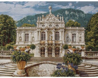 Victorian Wall Decor Tapestry Wall Hanging NOT PRINT Tapestry White Castle Linderhof Palace German Old World Chateau Scene 28"x40"/70x100cm