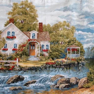 NOT PRINTED Textile Wall Art Woven Tapestry Wall Hanging Country House Cottage River Victorian Scene Landscape Nature Scenery Rapids 28&quot;x42&quot;