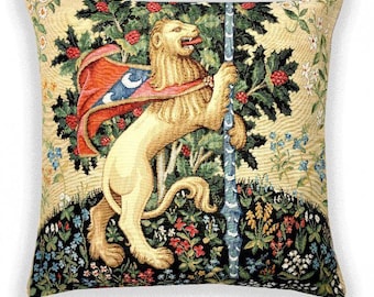 William Morris Medieval Heraldic Lion Heraldique Tapestry Pillow Case Sham Cover Cushion Rich Floral Botanical Design Beige NOT PRINT 18x18"