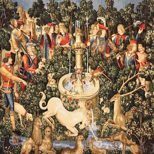 Unicorn at the Fountain Tapestry Wall Hanging Medieval Art NOT PRINT Chasse a la Licorne Metropolitan Museum Hunt Series Hunters H27&quot; x W27&quot;