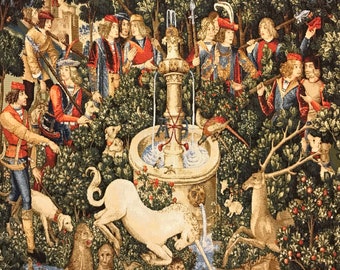 Unicorn at the Fountain Tapestry Wall Hanging Medieval Art NOT PRINT Chasse a la Licorne Metropolitan Museum Hunt Series Hunters H27&quot; x W27&quot;