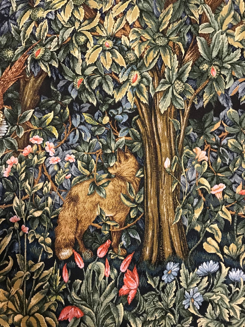 May include: A tapestry depicting a fox in a forest setting. The fox is brown and white and is standing in front of a large tree. The forest is filled with green leaves and flowers in shades of pink, red, and blue.