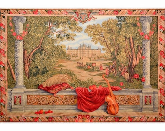 NOT PRINTED Wallhanging Verdure aux Chateau Violin Large Tapestry Wall Hanging Castle Scene Traditional Landscape Horseriders Palace 78"x53"
