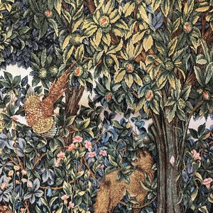 May include: A tapestry depicting a lush forest scene with a brown fox sleeping under a tree, a pheasant perched on a branch, and a variety of green, blue, and pink flowers.