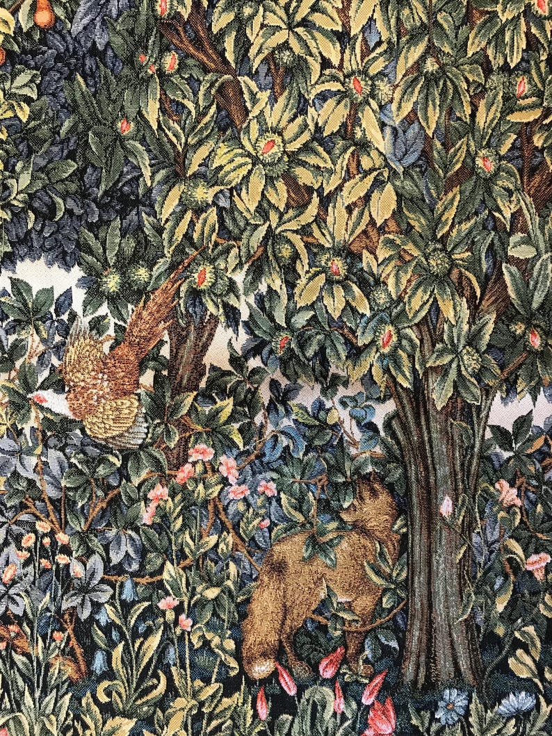 May include: A tapestry depicting a lush forest scene with a brown fox sleeping under a tree, a pheasant perched on a branch, and a variety of green, blue, and pink flowers.