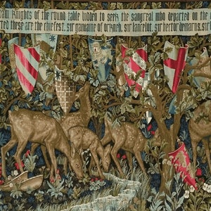 Deer And Shields IV William Morris Medieval Holy Grail Tapestry Wall Hanging Classic Wall Decor King Arthur&#39;s Knights of Round Table 28&quot;x44&quot;