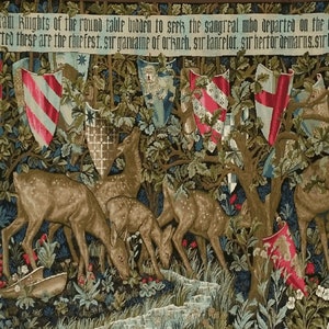 Deer And Shields IV William Morris Medieval Holy Grail Tapestry Wall Hanging, H28" x W44”