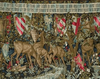 Tapiz del Santo Grial de Morris, ciervos y escudos, tapiz grande para colgar en la pared, tejido (no impreso), arte de William Morris, decoración medieval, tapiz de pared de 142 x 243 cm