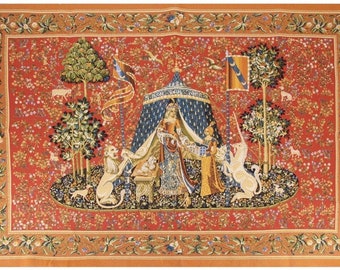 Lady and Unicorn Tapestry: A Mon Seul Desir, Medieval Woven Art (28" x 46")