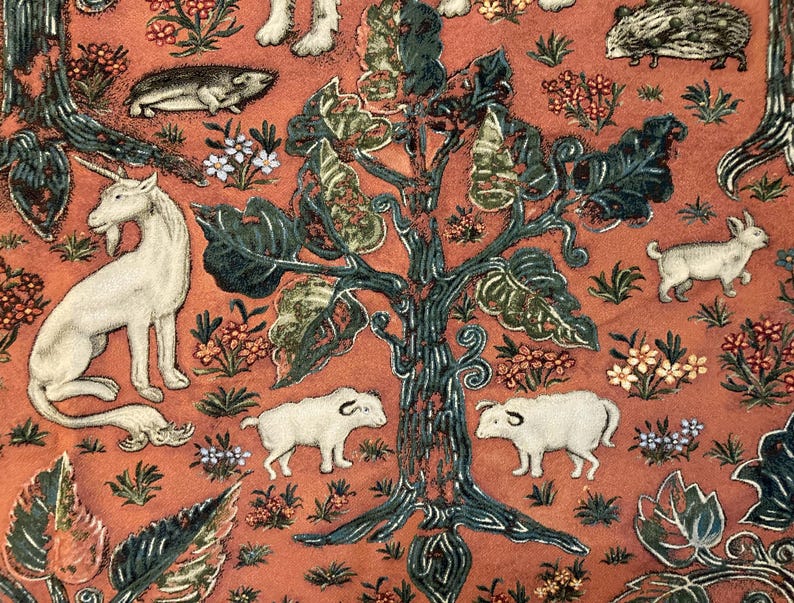May include: A tapestry featuring a stylized tree with green leaves and a red background. The tree is surrounded by various animals, including a unicorn, a hedgehog, a rabbit, and two pigs. The tapestry is a vibrant and colorful piece of art.