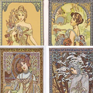 Museum Textile Wall Art Nouveau Tapestry Wall Hanging Alphonse Mucha Four Seasons Spring Summer Fall Winter Romantic Woman Portrait 29"x16"