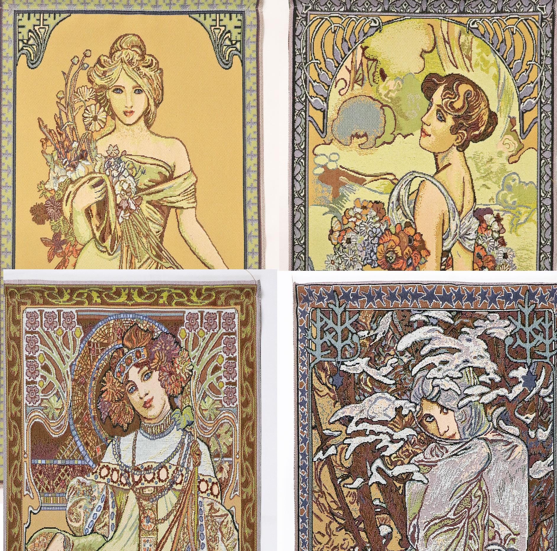 大判 　Alphonse Mucha ガラス絵の冬 - 四季 絨毯 額入アート Museum Textile Wall Art Nouveau Tapestry Wall Hanging Alphonse