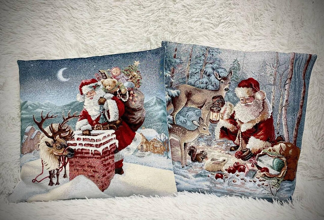 Oreiller de tapisserie de Noël vintage - 17 po. Scène