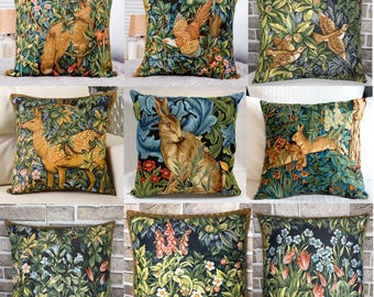 William Morris Art decoratief textiel NIET PRINT geweven tapijt kussenhoezen bos dieren vogels bloemen in hout Victoriaans kussen 18 "x 18"