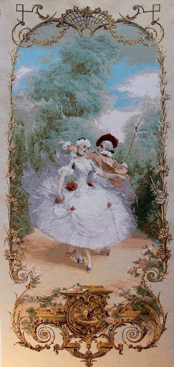 Old World Couple Art Tapestry Wall Hanging Lesson of Dance Boucher Style Cream Color Romantic Pastoral Scene in the Garden Man Lady 66x28 Etsy