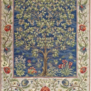 Belgische levensboom William Morris blauw botanisch ornament Mille Fleur Art Middeleeuws wandtapijt klassiek interieuridee 19"x27"/ 50 x 70 cm
