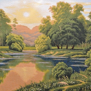 Landscape Tapestry Wall Hanging Decorative Textile Wall Art Peaceful Retreat Sunrise Forest Wood Scene River Lake Trees Landscape 28&quot;x40&quot;