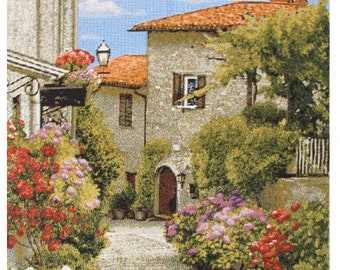 Mediterranean Town II Tapestry Wall Hanging Floral Street Flowers