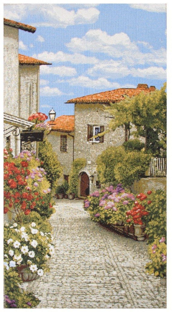 Mediterranean Town II Tapestry Wall Hanging Floral Street Flowers