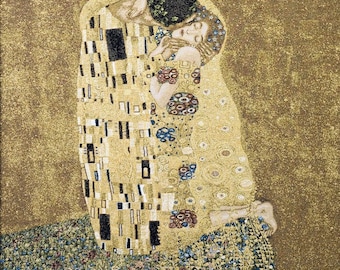Romantic Couple Kiss Gustav Klimt Art Nouveau Museum Art Tapestry Wall Hanging Lady Man Romance Scene Abstract Gold Decorative Textile 28x28