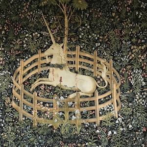 Medieval Tapestry Wall Hanging Unicorn In Captivity Captured Mille Fleur Design Black Background 53"x40"