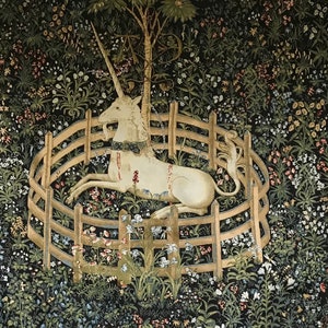 Medieval Tapestry Wall Hanging Unicorn In Captivity Captured Mille Fleur Design Black Background 53"x40"