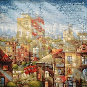 Roofs View Wall Art Contemporary Wall Art Tapestry Wall Hanging Textile Wallhanging First Tram European City Town Scene Houses Roofs 28x28&quot;