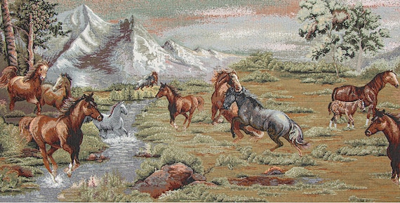 Horse Tapestry Woven Wall Hanging Wild Life Art Decor Free Wind Running Horses Nature Scene Mountains Scenery Landscape Animals H20 X W40 Etsy Canada