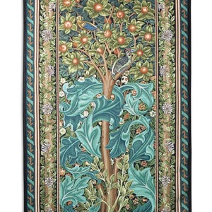William Morris Bird Art Woodpecker Tapestry Wall Hanging Textile Wallhanging Art Orange Tree of Life Green Leaves Ornate Composition 68&quot;x41&quot;