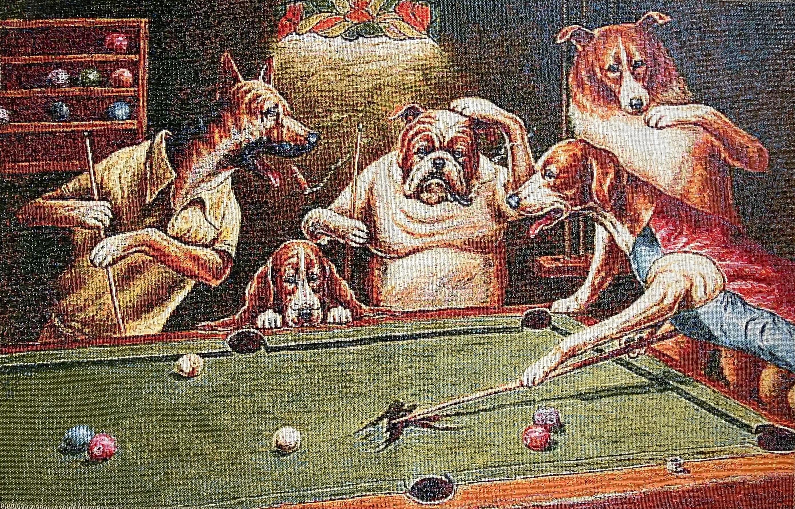 ビリヤードをする犬　壁掛け　タペストリー　94x143 プールで遊ぶ犬たち I タペストリー 壁掛け シューティングボール 複製
