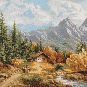 Cottage In Mountains Tapestry Wall Hanging Alps Peaceful Retreat Lanscape Scenery Cabin Wood Scene Mountain Decor Decorative Textile 26&quot;x40&quot;
